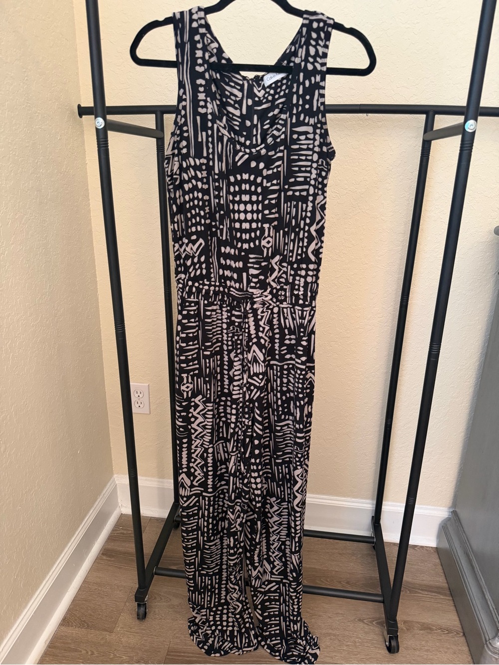 Calvin Klein Black & Beige Abstract Print Wide-Leg Jumpsuit